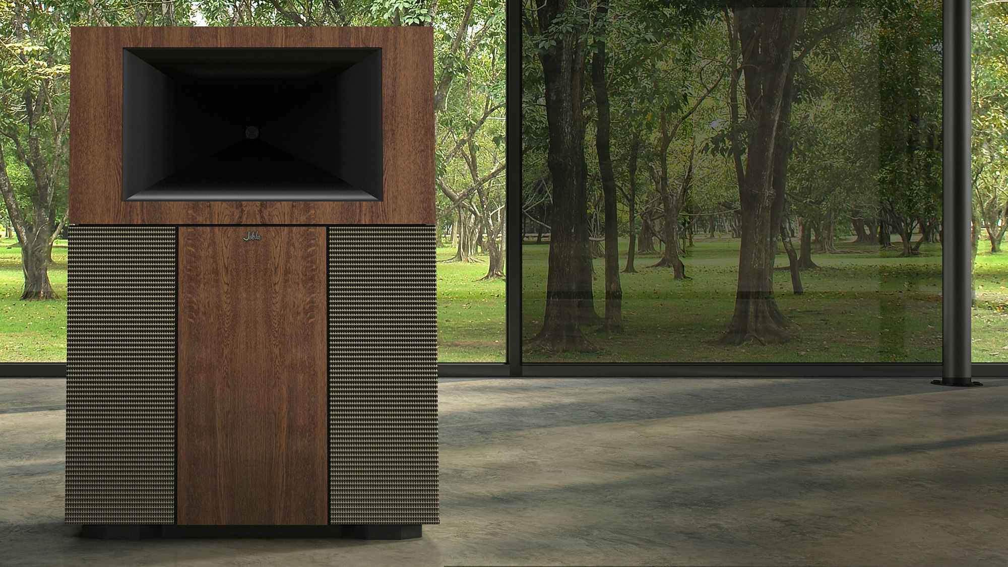 Klipsch Jubilee Loudspeaker in front of a large window with a wooded area outside